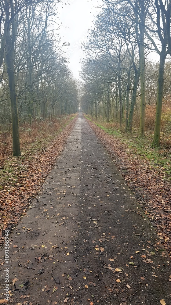 Fototapeta premium A serene pathway lined with trees and fallen leaves in a tranquil setting.
