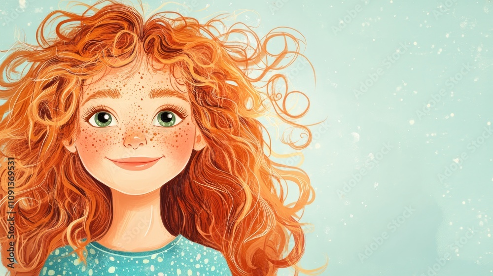 Playful girl with curly ginger hair and freckles, exuding cuteness and innocence, set against a soft, textured background with ample blank space for text. Playful girl with curly ginger hair and freckles, exuding cuteness and innocence, set against a soft, textured background with ample blank space for text.