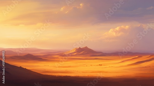 Expansive desert landscape with stunning sandy dunes illuminated by the warm glow of a setting sun, showcasing tranquil hues and distant mountains.