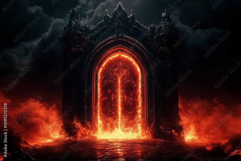 The hell gate illustration captures a vivid display of fire and smoke ...