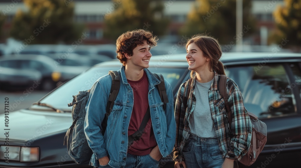 Fototapeta premium A teenage boy and girl wearing denim and flannel outfits, smiling and chatting in a school parking lot, evoking 90s fashion and vibe.