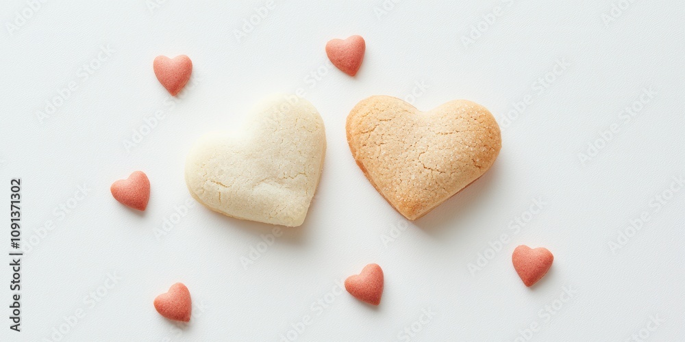 Obraz premium Two heart-shaped cookies surrounded by small pink hearts on a white background.