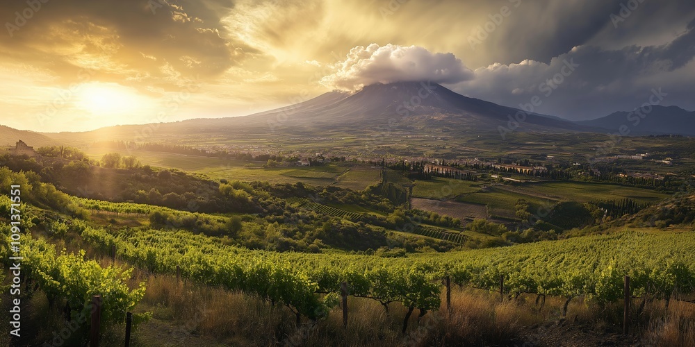Obraz premium Sunlit Sicilian vineyard with Mount Etna in the background, surrounded by rolling hills and dramatic clouds, capturing the serene countryside, selective focus