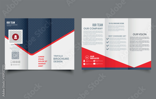 Corporate trifold brochure template. Modern, Creative, and Professional tri-fold brochure vector design. Simple and minimalist layout with blue and red colors. Corporate Business Trifold Brochure.