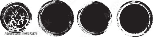 Vector rough edges badges set .Grunge set of textured black labels . Pack of vector stickers. Grunge circle stamps, insignias, labels, tags for your design. Grunge textured black vector rubber stamps