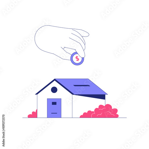 Hand Dropping Coin Into House Piggy Bank In Flat Vector Illustration Symbolizing Real Estate Savings And Investments, Isolated On White Background