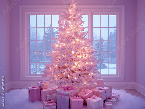 christmas tree with gift boxes in pink