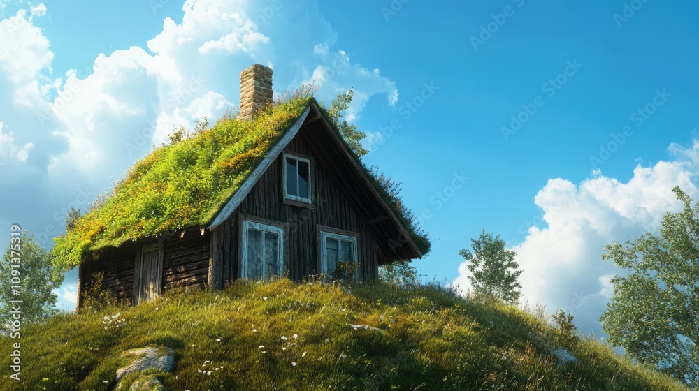 Charming wooden cabin with a lush mossy roof surrounded by greenery under a vibrant blue sky, creating a serene and cozy retreat atmosphere. Charming wooden cabin with a lush mossy roof surrounded by greenery under a vibrant blue sky, creating a serene and cozy retreat atmosphere.