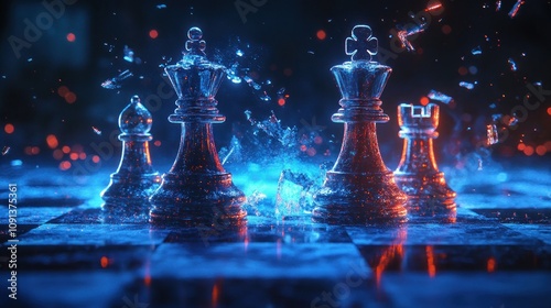 Chessboard with elegant pieces in blue illumination. photo