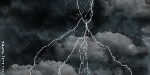 Dark cloud at sky with light thunder bolt. Marble texture pattern background, wall grunge texture. Fork lightning striking down during summer storm. Heavy storm bringing thunder, lightnings and rain./