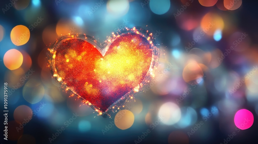 Vibrant neon heart symbolizing love against a soft, blurred bokeh background with rich colors, featuring ample negative space for creative applications. Vibrant neon heart symbolizing love against a soft, blurred bokeh background with rich colors, featuring ample negative space for creative applications.