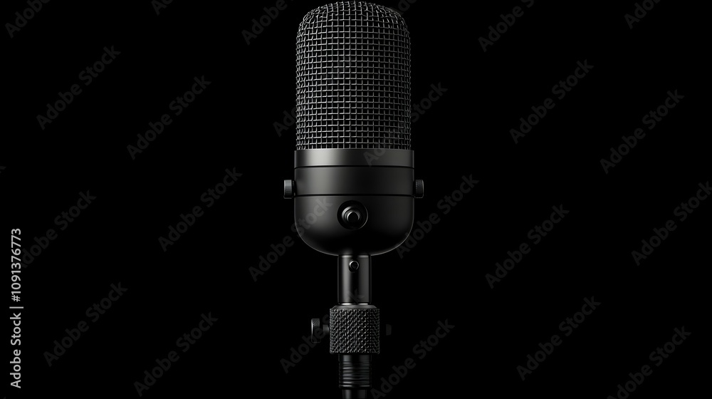 Fototapeta premium Retro Studio Mic: Vintage Radio Microphone, Black and White Detailed Illustration, Classic 1950s Broadcast Mic, Professional Recording Equipment, Metallic Texture, Standing Desk Mic,