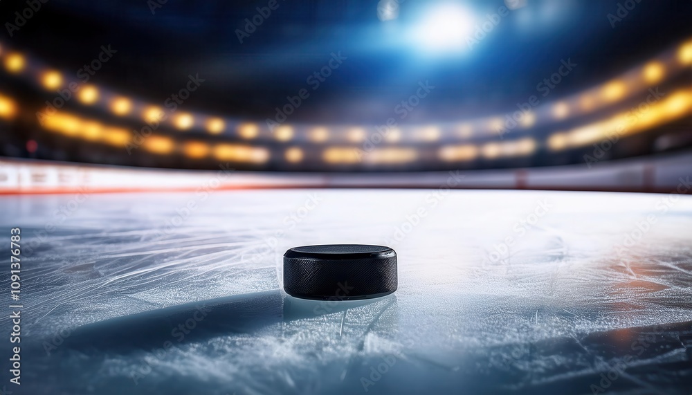 Obraz premium Close Up Perspective of a Hockey Puck on the Ice Under Stadium Lights. Symbolizing the Thrills of the Game, Cold Ice, and Intense Competition in a Professional Hockey Arena