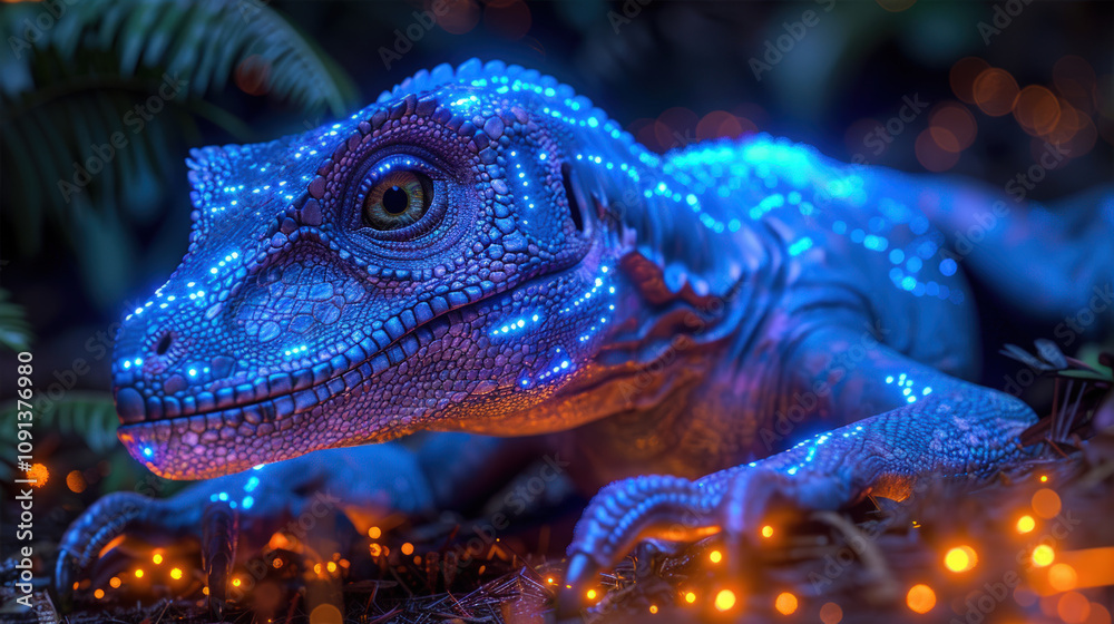 Obraz premium Blue Bioluminescent Lizard in a Mystical Forest 