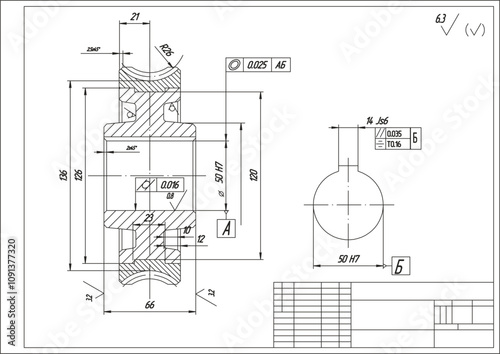 Assembly drawing of worm wheel of electrical reducer.
Vector design of steel mechanical device with dimension lines.
Engineering technic cad scheme on white
paper sheet. Hand drawn machine part sketch