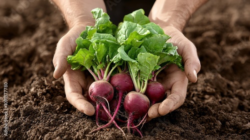 A topdown view of a farmer s hands holding a bunch of freshpicked beets, sustainable farming, nature s harvest photo