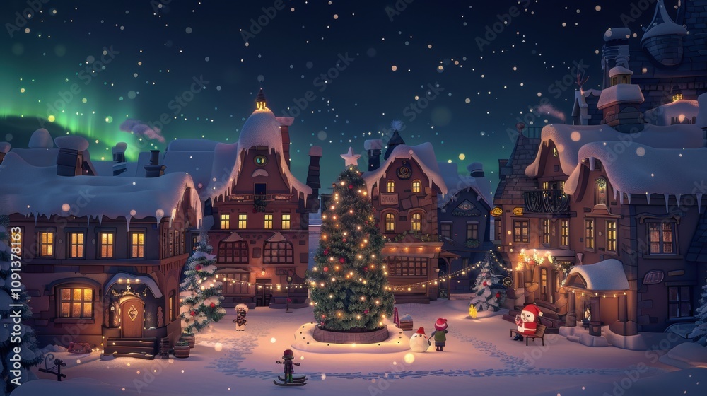 Charming snowy Christmas village at night with a decorated tree, festive lights, and a cozy atmosphere. Charming snowy Christmas village at night with a decorated tree, festive lights, and a cozy atmosphere.