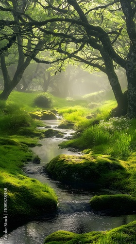 A serene, misty meadow with lush green grass and moss-covered rocks, overlooking an ancient stream winding through the landscape