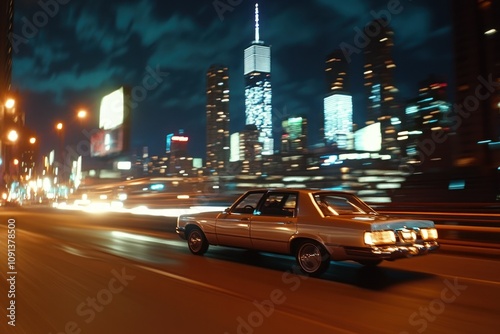 Classic car driving swiftly through a bright city.