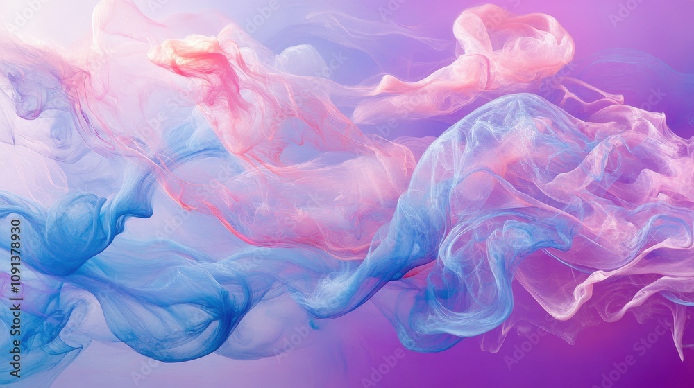 Fototapeta premium Elegant wisps of soft pink and blue smoke swirl gracefully against a vibrant purple background, creating a mesmerizing blend of color and motion.