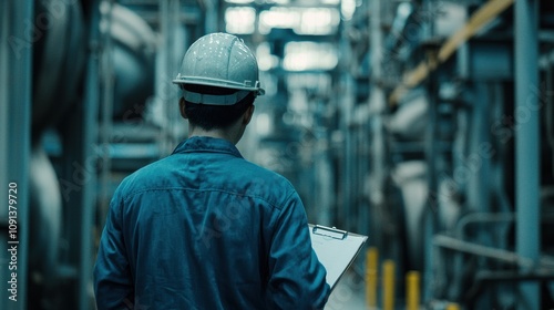 Inspection process in industrial facility warehouse action scene urban environment worker viewpoint manufacturing oversight