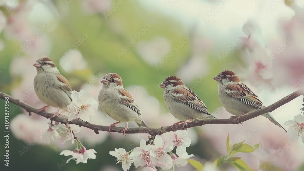 Fototapeta premium Sparrows Perched on Branch with Blossoms