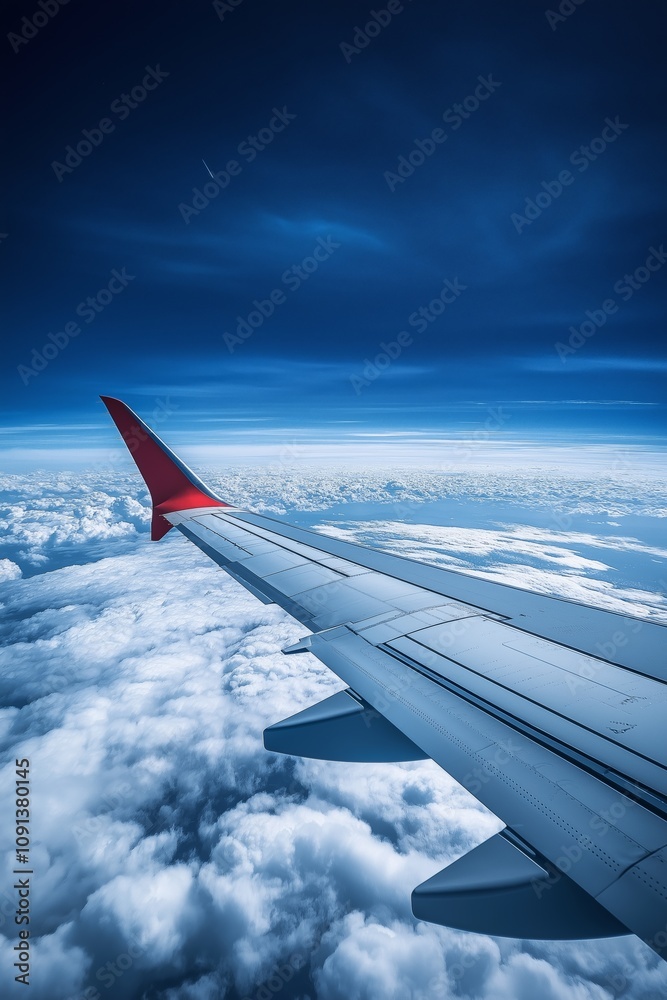 Fototapeta premium A red airplane wing is flying through a cloudy sky. The wing is the only part of the plane visible in the image