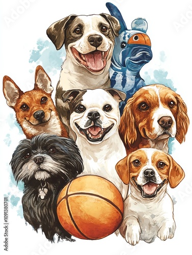 A joyful collection of various dog breeds, each with a unique expression, showcasing their playful spirit and happiness.