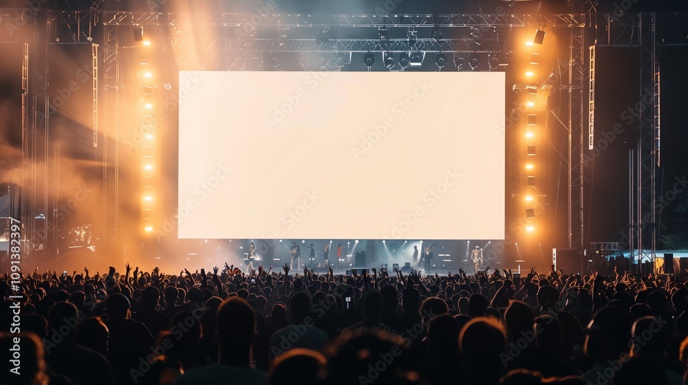 Blank billboard mockup at a music festival, with crowds of people and stage lights Blank billboard mockup at a music festival, with crowds of people and stage lights