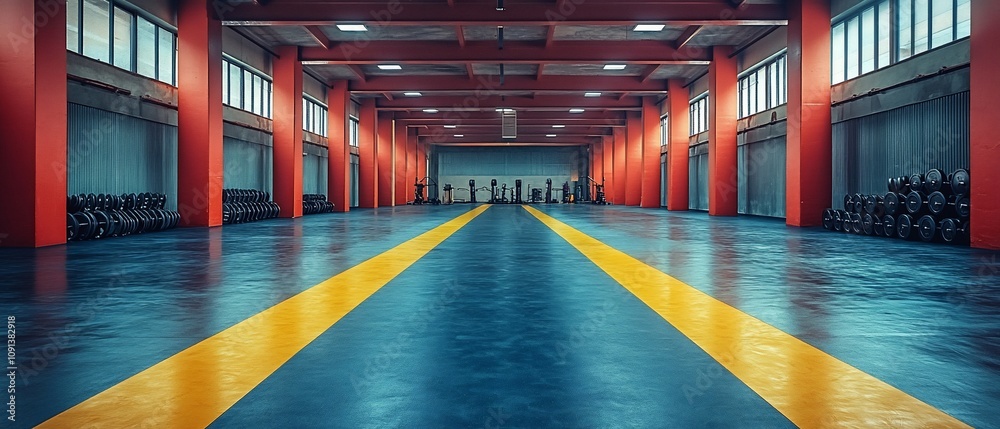 Fototapeta premium A spacious gym interior with red pillars and yellow lines on the floor, designed for workouts.