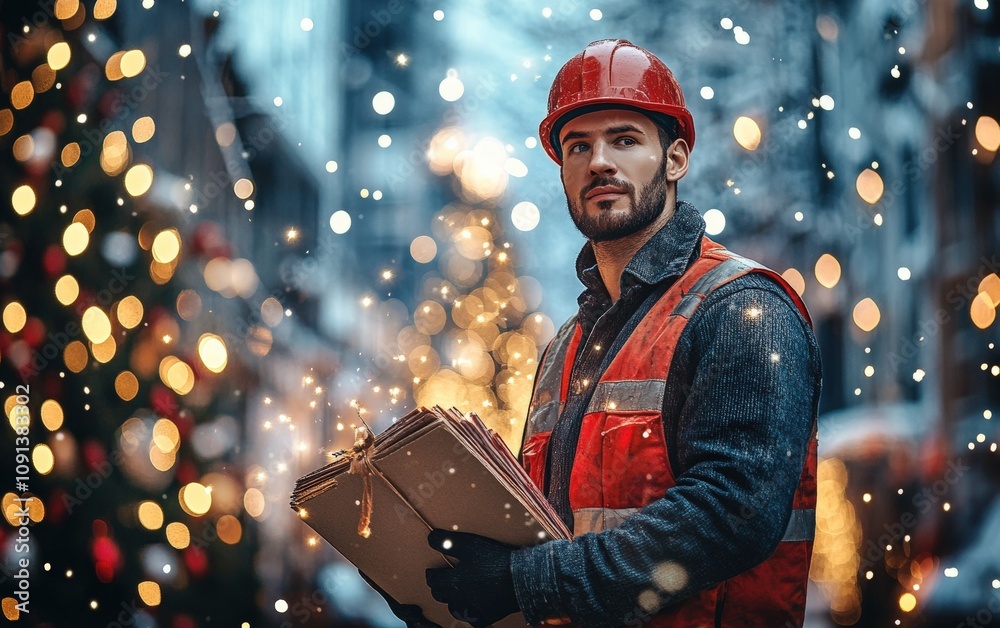 Naklejka premium builder on christmas background professional stock photo 