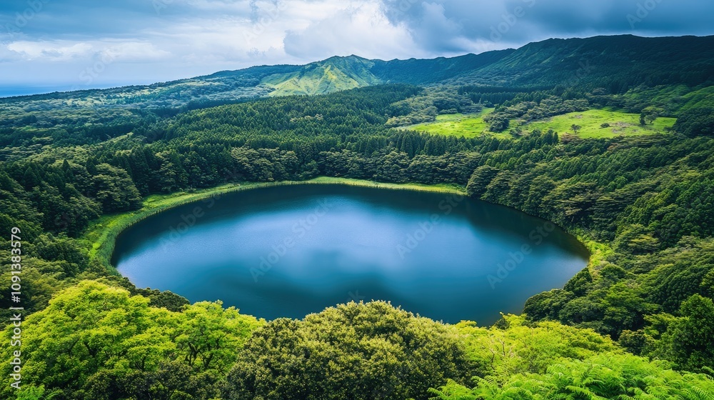 Fototapeta premium Aerial perspective of a serene lake surrounded by vibrant green forests and rolling hills under a dramatic sky.
