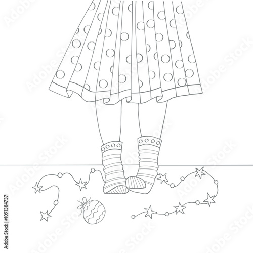 Female feet on the floor against the background of a Christmas tree garland. Coloring for the New Year and Christmas in a sketch style.