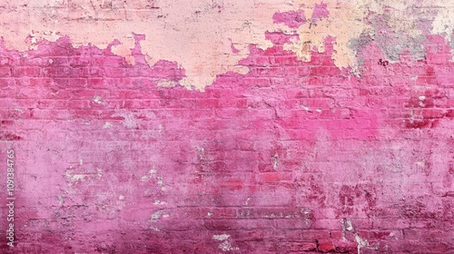 Distressed brick wall featuring a vibrant pink abstract texture with a panoramic view showcasing varying shades and rough surfaces.