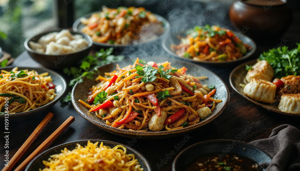 Fototapeta premium Close-up of Asian dishes like stir-fried vegetables and dumplings with chopsticks.