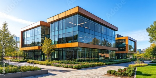 Modern Glass Office Building with Landscaped Grounds