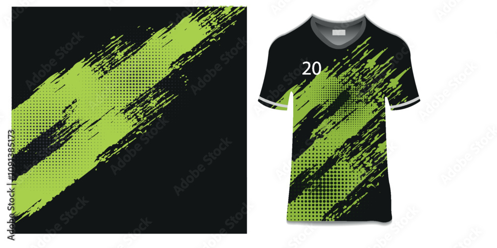 Green black t-shirt sport design template with abstract grunge and halftone pattern for soccer jersey. Sport uniform in front view. Shirt mock up for