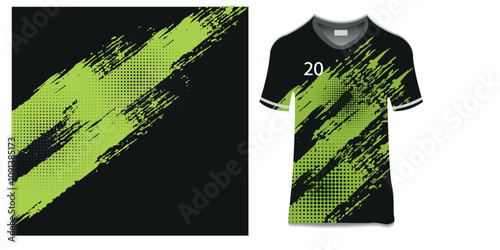 Green black t-shirt sport design template with abstract grunge and halftone pattern for soccer jersey. Sport uniform in front view. Shirt mock up for