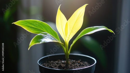 Young tropical houseplant with vibrant yellowing leaves in a black pot, showcasing a striking Dracaena Massangeana variety against a soft background. photo