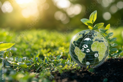 A vibrant green plant emerges from soil, symbolizing growth and sustainability, with holographic globe showcasing carbon offset symbols. This image captures essence of environmental awareness and ecol photo