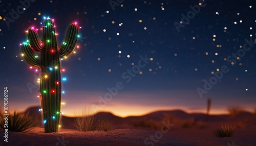 Starry Sky And Cactus Decorated With Christmas Lights Await In A 3d Rendered Night Scene Of A Desert. photo