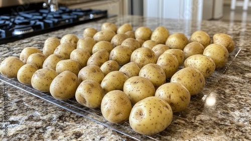 Neatly arranged whole unpeeled potatoes on a granite kitchen countertop showcasing their earthy tones and varying sizes.