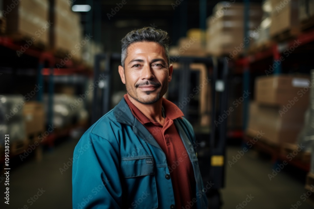 Obraz premium Portrait of a Hispanic middle aged male worker in warehouse