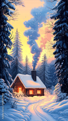 Cozy winter cabin nestled in snow-covered forest, with warm light glowing from its windows. Tracks in snow lead to cabin. Vertical banner for themes of winter, holiday retreats, serene landscapes