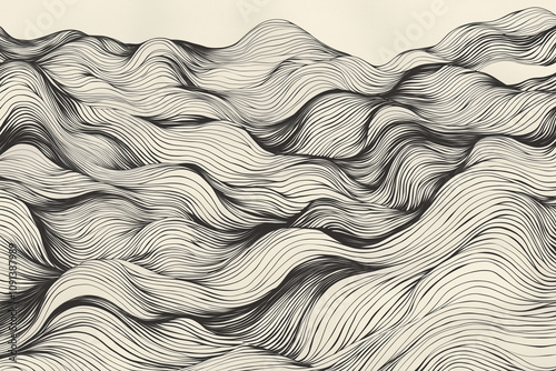 Flowing lines create mesmerizing pattern reminiscent of waves, showcasing an irregular hand drawn style in monochrome palette. This artwork evokes sense of calm and contemplation