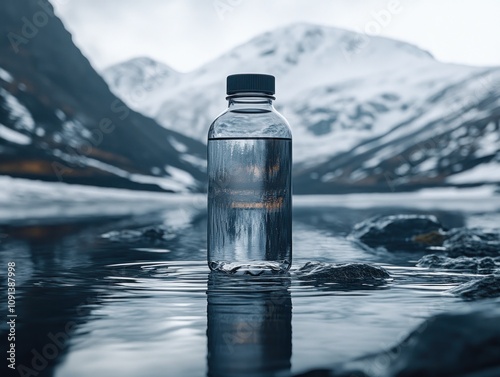 Clear bottle with calming snowy mountain background. photo