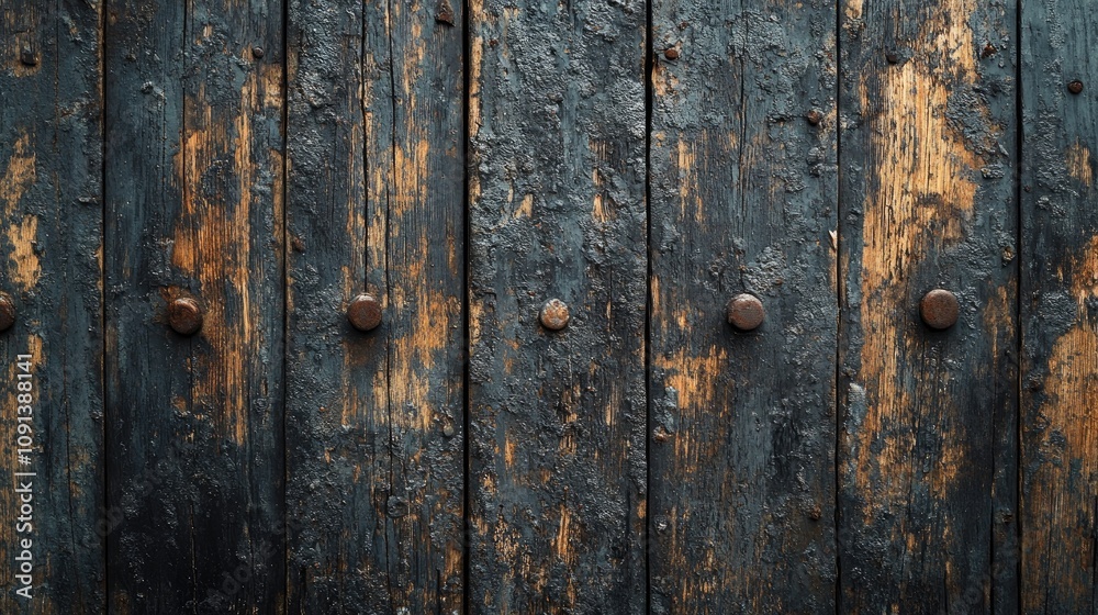 Fototapeta premium Weathered dark brown wooden panels with a rustic grunge texture, featuring uneven surfaces and visible knots for design projects and backgrounds.