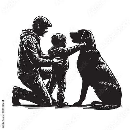 Father and son vector silhouette. Dad and son with dog vector design. Man with child vector design. Fater and son logo, icon vector black and white.