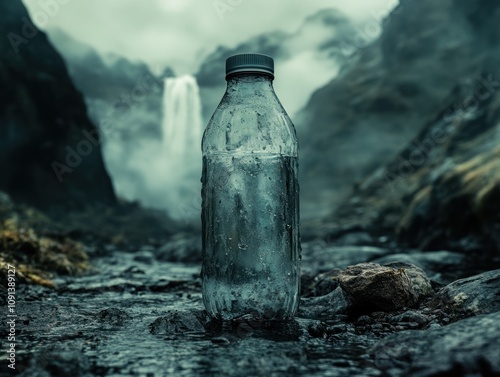 Bottle near waterfall with blurry mountainous background. photo