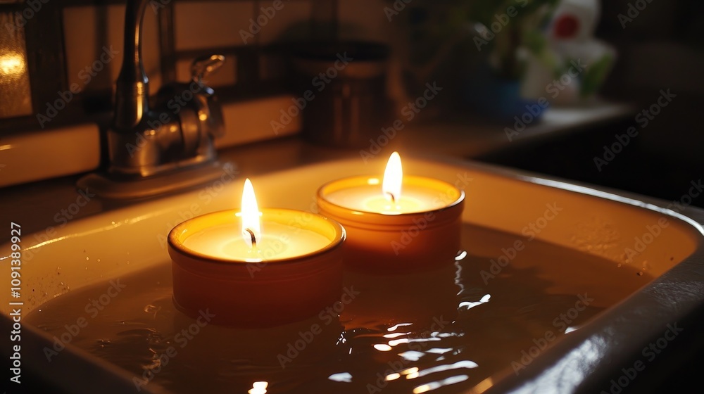 Two lit candles floating in water inside a sink, casting a warm glow and creating a tranquil ambiance in a dimly lit setting. Two lit candles floating in water inside a sink, casting a warm glow and creating a tranquil ambiance in a dimly lit setting.